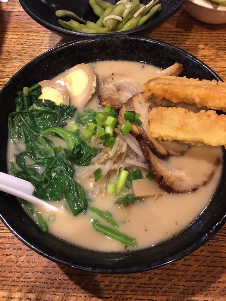Shoyu ramen with chashu, soft-boiled egg, spinach, bamboo, and tempura
