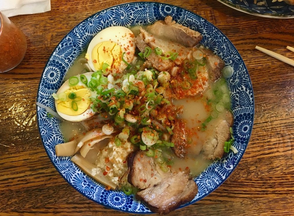 Spicy tonkotsu ramen with egg, chashu, and chili