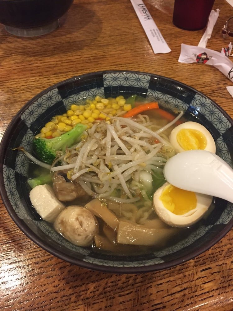 Vegetable ramen with corn, broccoli, bean sprouts, tofu, egg, and mushroom